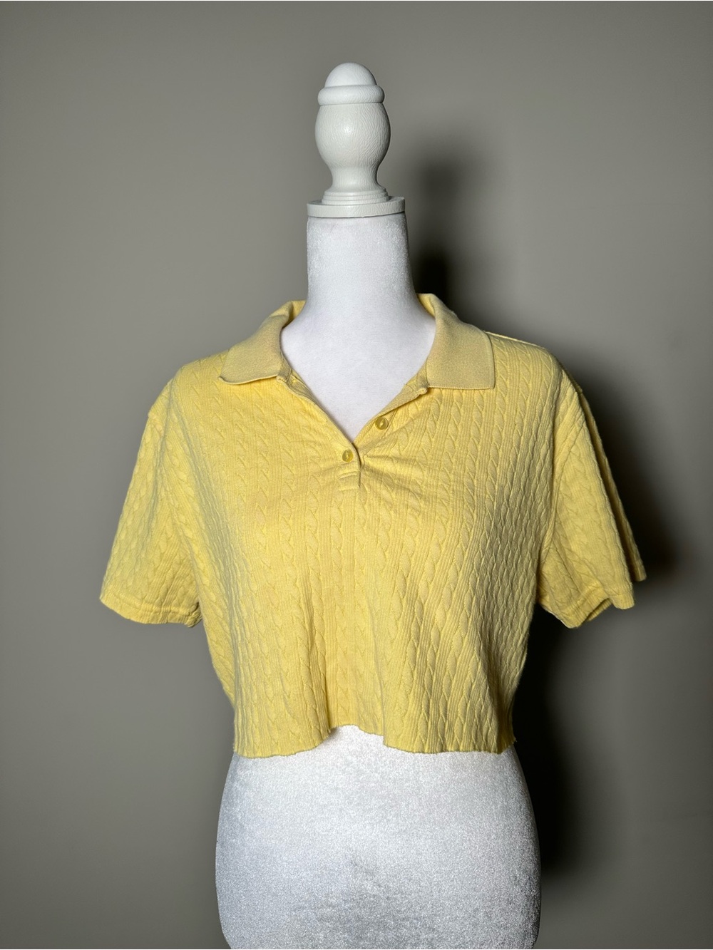 Karen Scott Yellow Cable-Knit Polo Crop Top
